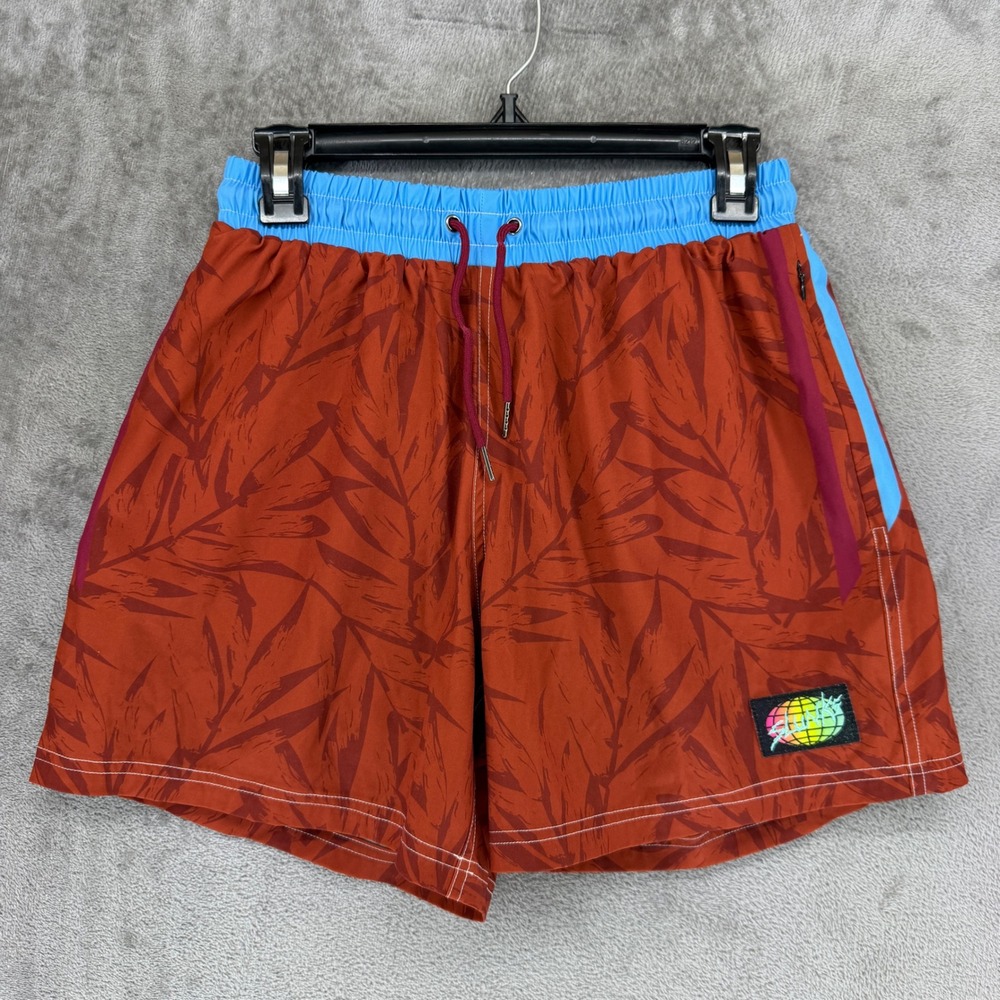 Slunks Mens Athletic Shorts Small Rust Orange Tropical Leaf Compression Liner 5"
